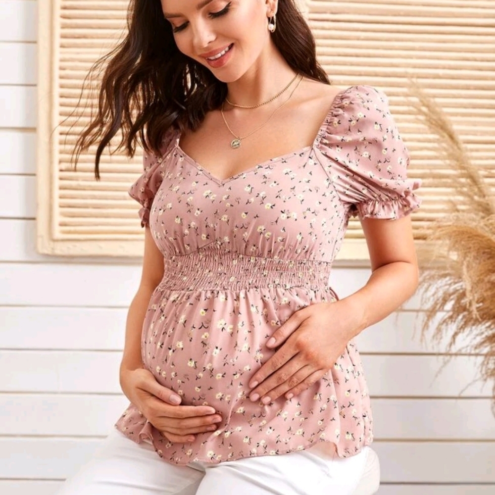 Maternity Smocked Peplum Blouse - Dusty Pink Floral
